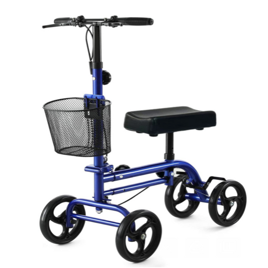 An all-terrain knee scooter featuring a padded knee rest, sturdy handlebars, and large, rugged wheels designed for off-road use. The scooter is shown on a dirt path, demonstrating its ability to navigate uneven surfaces with ease, providing mobility support for those with lower leg injuries.