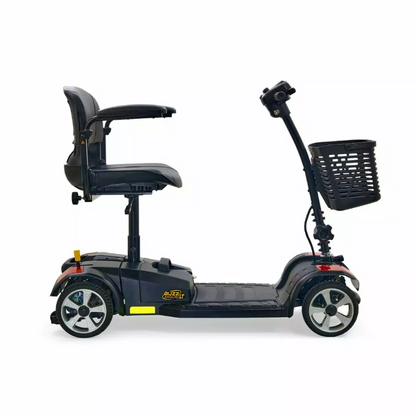 A sleek and compact lightweight mobility scooter named 'Feather,' featuring a minimalist design with a small seat, slim handlebars, and narrow wheels. The scooter is shown on a smooth surface, highlighting its portability and ease of use, ideal for quick travel and indoor mobility.