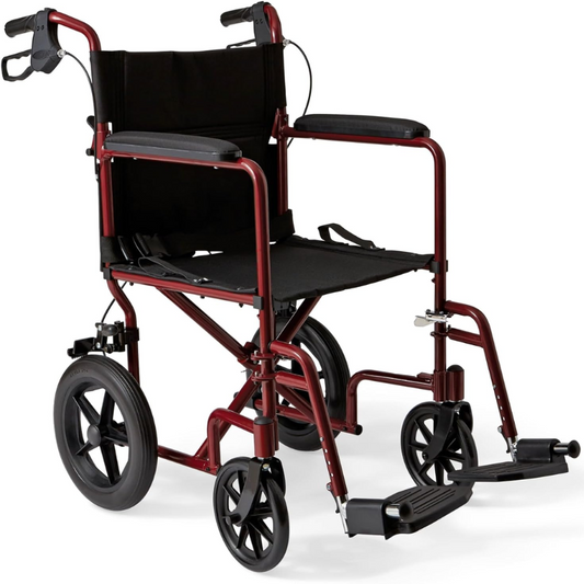 A standard manual wheelchair with a black cushioned seat and footrests, featuring large rear wheels and small front wheels for easy maneuverability. The wheelchair is set against a white background, highlighting its simple and lightweight design.