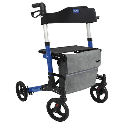 A versatile walker/rollator featuring a sturdy frame with four wheels, hand brakes, and a comfortable padded seat. The rollator is shown on a flat surface, demonstrating its mobility aid function for users seeking support while walking, with a storage basket underneath for convenience.